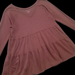 American Eagle Tiered V Neck Tunic Burgundy Shirt Oversized Fit Long Sleeve
